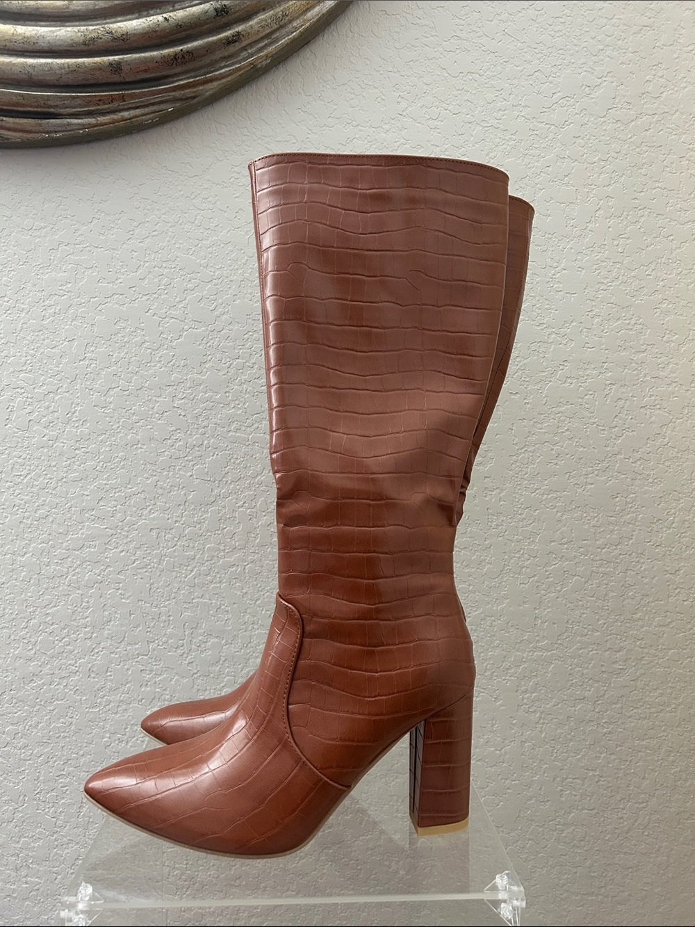 SHEIN Croc-Embossed Tall Pointed Toe Block Heel Boots in Brown